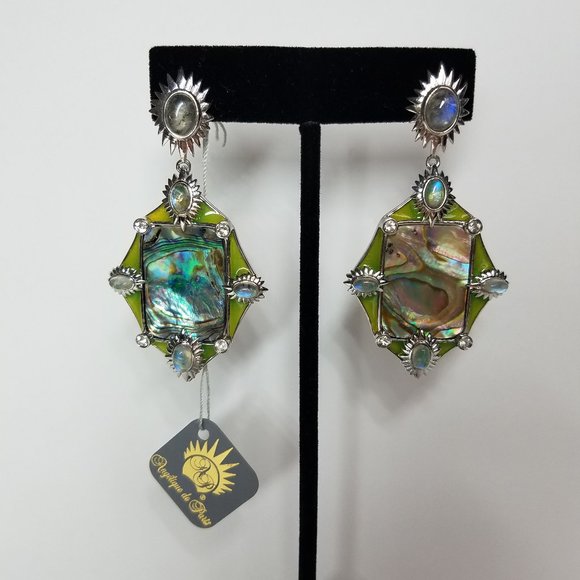 New Angelique de Paris Green Earrings with natural Stones and Mother of Pearl - Picture 2 of 12